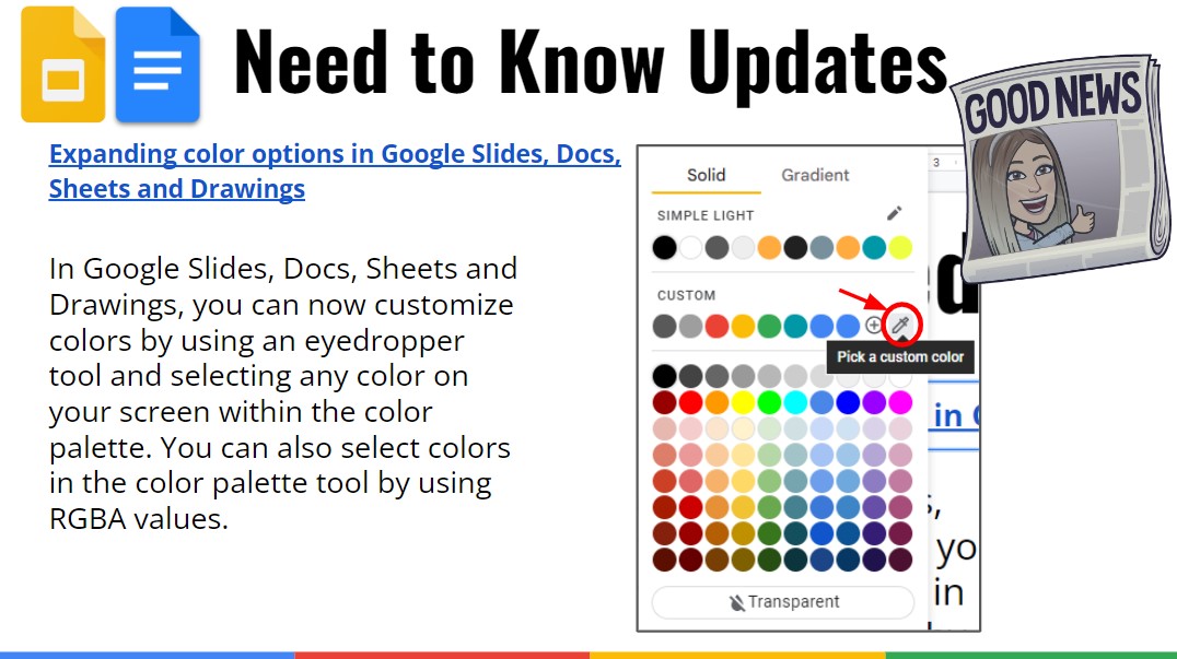 Good Morning @WeAreHTSD & Happy #HTSDtechtip Tuesday! Want to customize your Slides a bit more? Check out the eyedropper tool to select any color on the palette and insert it into your Slides! @GoogleForEdu #HTSDpd
