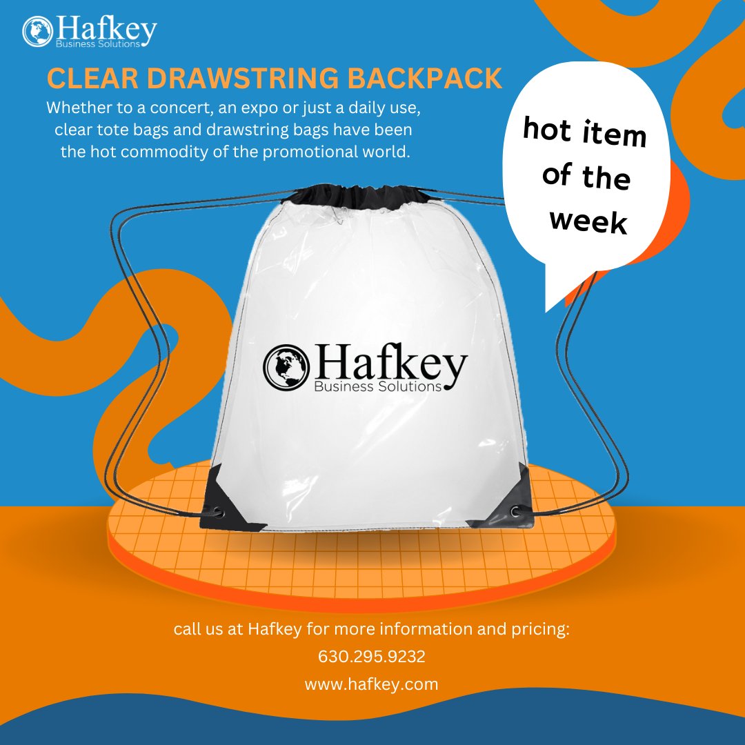 HafkeyBS's tweet photo. Hot Item of the Week
Clear Drawstring Backpack

Whether to a concert, an expo or just a daily use, clear tote bags and drawstring bags have been the hot commodity of the promotional world

#marketing #printpromotional #promotionalprinting #chicago #graphicdesign #promotionalideas https://t.co/2rI8orfnrx
