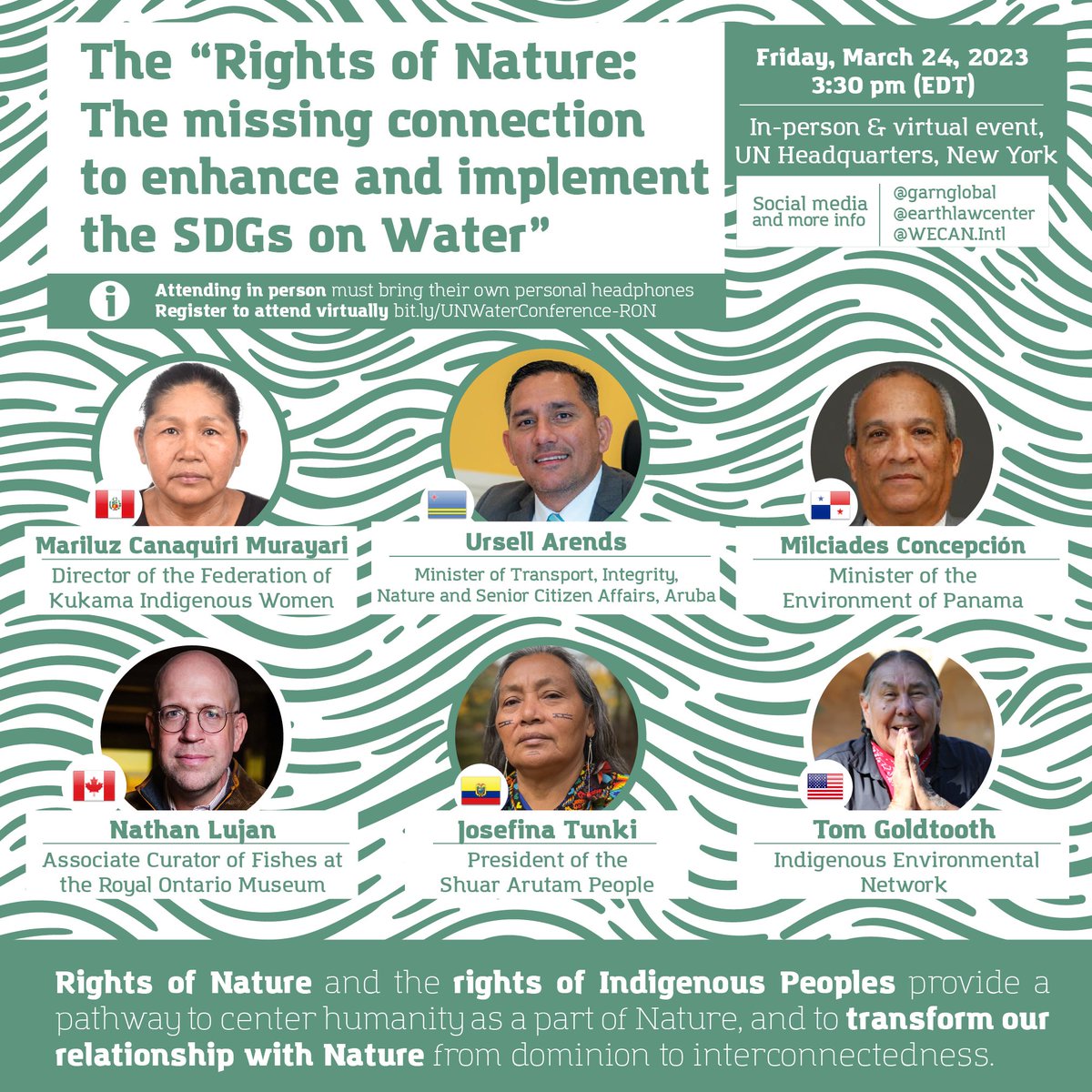 DrNathanLujan's tweet photo. If you’re attending the #UNWaterConference this week, come close out the event with me and fellow panelists from throughout the Americas on Friday afternoon as we discuss environmental interconnectedness, the #RightsofNature, and the #RightsofIndigenousPeoples. https://t.co/wqhQYmQTq1