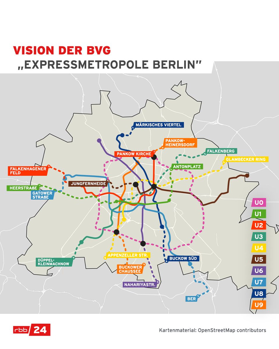 rbb24's tweet photo. Aus 147 Kilometern mach 318 Kilometer - das ist zumindest die Zukunftsvision der #BVG. Das Konzept sieht die Verlängerung fast aller U-Bahn-Linien in die Außenbezirke von #Berlin vor. #oepnv https://t.co/7KDQkuBccM