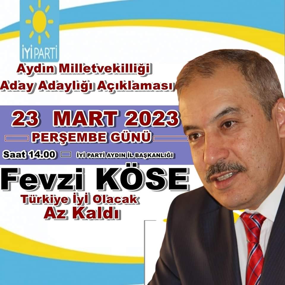 28. Dönem İYİ PARTİ Aydın Milletvekilliği Aday Adaylığımı Açıklacak Olduğum  Programımıza Tüm Dostlarım,Arkadaşlarım,Değerli Partililerimizi Davet Ediyorum.
#BirlikteBaşaracağız 
#AzKaldı 
🗓️ 23 Mart Perşembe (günü)
🕧 14.00'da
📌 İYİ PARTİ AYDIN İL BAŞKANLIĞI