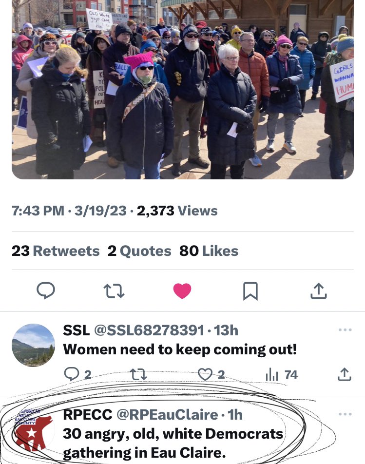 matthew_lehner's tweet photo. My favorite  part about managing  our @eauclairedems Twitter account is when I see the Eau Claire County Republicans getting pissed off at a crowd size they’ll never get for any of their events and failing miserably at an attempt to troll us. Try harder @RPEauClaire https://t.co/ADNN1uDd1Y