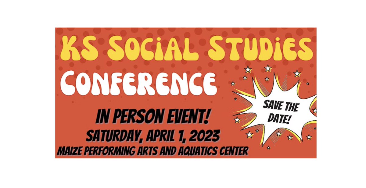 We're less than two weeks away from the 2023 Kansas social studies conference! First face-to-face in 3 years - you do NOT want to miss this. Find out more &amp; get signed up at: tinyurl.com/kssscon23 #ksedchat #sschat <a href="/NHTOYMc/">Nathan McAlister</a> <a href="/JillWebs/">Jill Weber</a> @essdack <a href="/ksdehq/">KS Dept of Education</a>