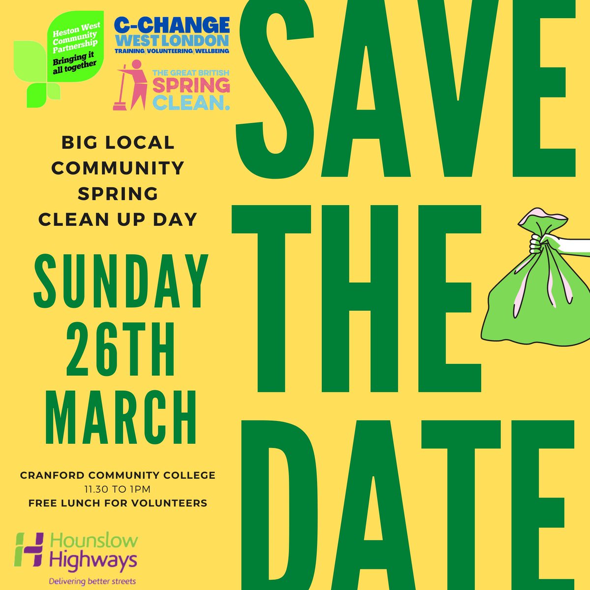 hestonwestcp's tweet photo. Join us this Sunday 26th March from 11.30 to 1pm for our #BigLocal Community Spring Clean Up Day! Come along, help make a difference, feel good &amp; make friends. Get in touch for more details at info@ccwl.org.uk. Thanks for your support @KeepBritainTidy @HounslowHways @cchangewl https://t.co/W2UWvcwZ0O
