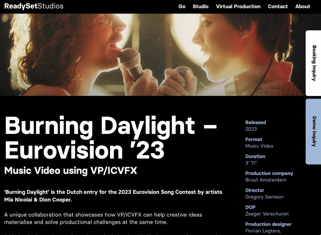 ReadySet_AMS's tweet photo. Watch the clip, check the behind the scenes video and read more background information on the Burning Daylight project page!
https://t.co/AORB6cOE4Q
Producer: @bruutamsterdam
#virtualproduction #icvfx #eurovision #esc2023 #unrealengine #virtualset #virtualfilmmaking https://t.co/Lernj7fZNS