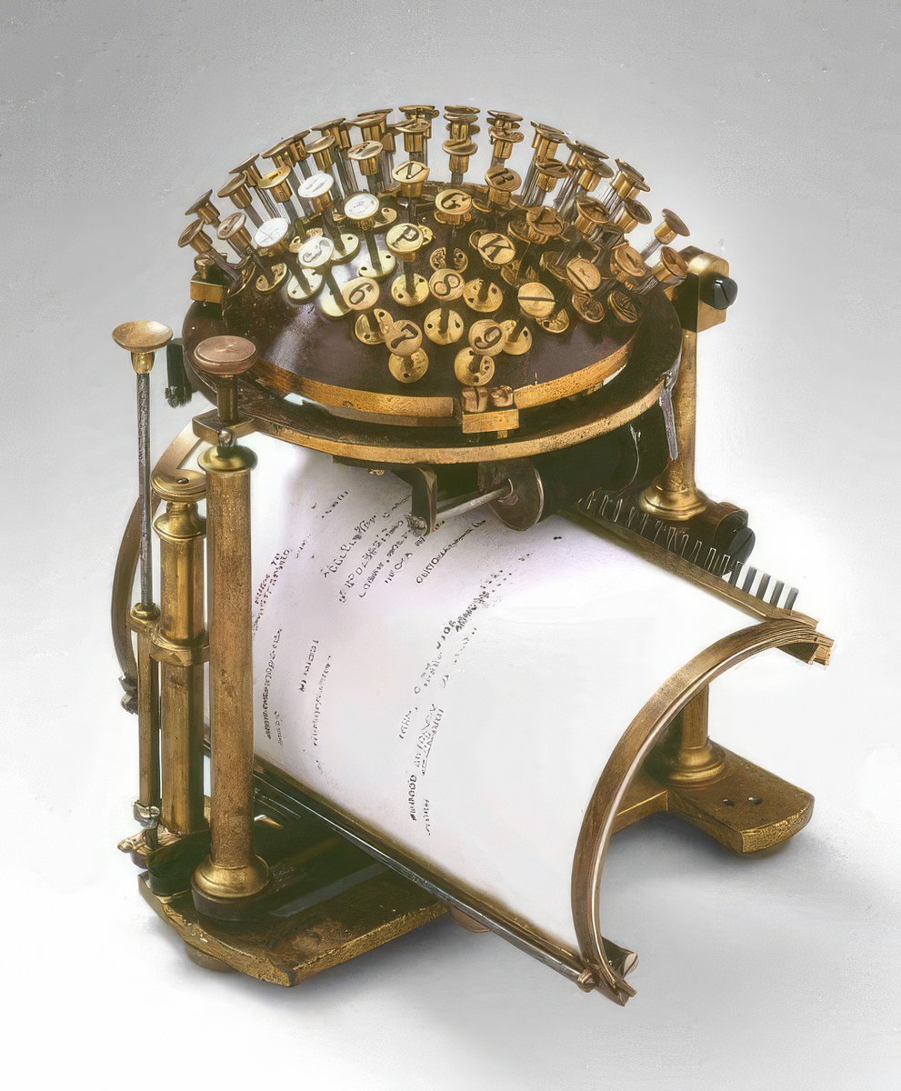 Steampunk_T's tweet photo. The Malling Hansen typewriter (Writing Ball) was made in Denmark. It was invented in 1865, patented and put into production in 1870. https://t.co/yzduOO6ueb