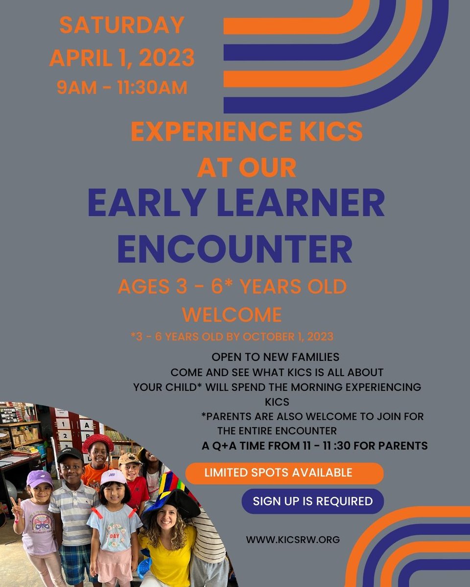 Do you have a 3 - 6-year-old (by October 1, 2023)? Come join us at our Early Learner Encounter! This event is open to new families! 
We will spend the morning of April 1st experiencing KICS! Fun, games, and smiles are guaranteed! Sign-up is required at: forms.gle/7NDjb5PsEN2AfJ…