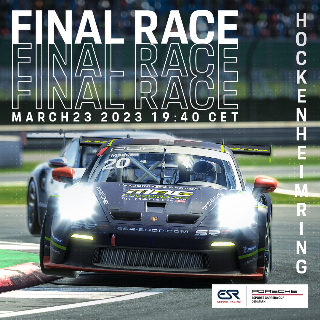 ESResports's tweet photo. FINAL RACE! 

Who's going to be a champion and walk away with 20.000 DKK?

The race is live from thursday 19:30 CET on our Twitch and YouTube channel.

#peccdk2023 #porsche #simracing #esrshop #esrshopcom https://t.co/arDTiuPAy9