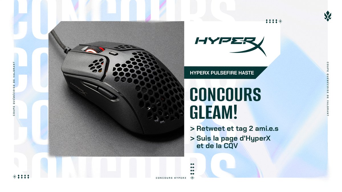 CQV_Officiel's tweet photo. Courrez la chance de gagner une HyperX Pulsefire Haste! Suivez les instructions pour participer :

1) Suivre @Valo_QC et @HyperX
2) Aimer et retweeter
3) Tagger 2 amis
4) Confirmer votre participation :
https://t.co/RSoIYXgykK

#ValoQC #VALORANT #Concour https://t.co/sJhoMud1s3