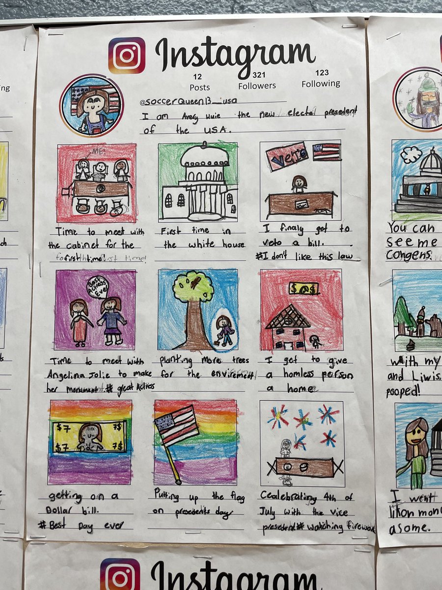 klundstromatmv's tweet photo. G3 students studied our government & if they were president what #impact they wanted to have - YES, they created & presented inaugural speeches, AND they created insta posts demonstrating ideas&values through action #realandrelevant #TheMVSchool is growing #engagedcitizenleaders https://t.co/y0pR4FsWte