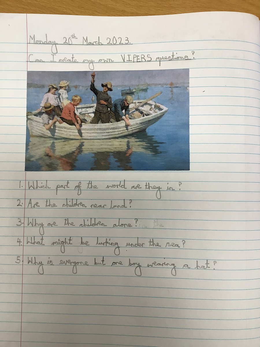 NPSMiss_Jenkins's tweet photo. This morning in VIPERS, as part of a whole school focus, we looked at the painting ‘Chadding on Mounts Bay’ by Stanhope Forbes and thought of our own questions about the piece of art! #NPSEnglish #NPSReading #NPSArt https://t.co/sbK47Qz0eT