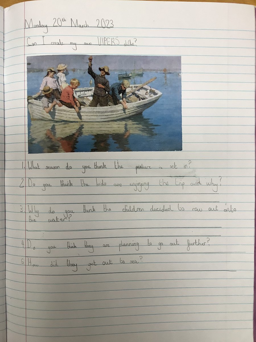 NPSMiss_Jenkins's tweet photo. This morning in VIPERS, as part of a whole school focus, we looked at the painting ‘Chadding on Mounts Bay’ by Stanhope Forbes and thought of our own questions about the piece of art! #NPSEnglish #NPSReading #NPSArt https://t.co/sbK47Qz0eT