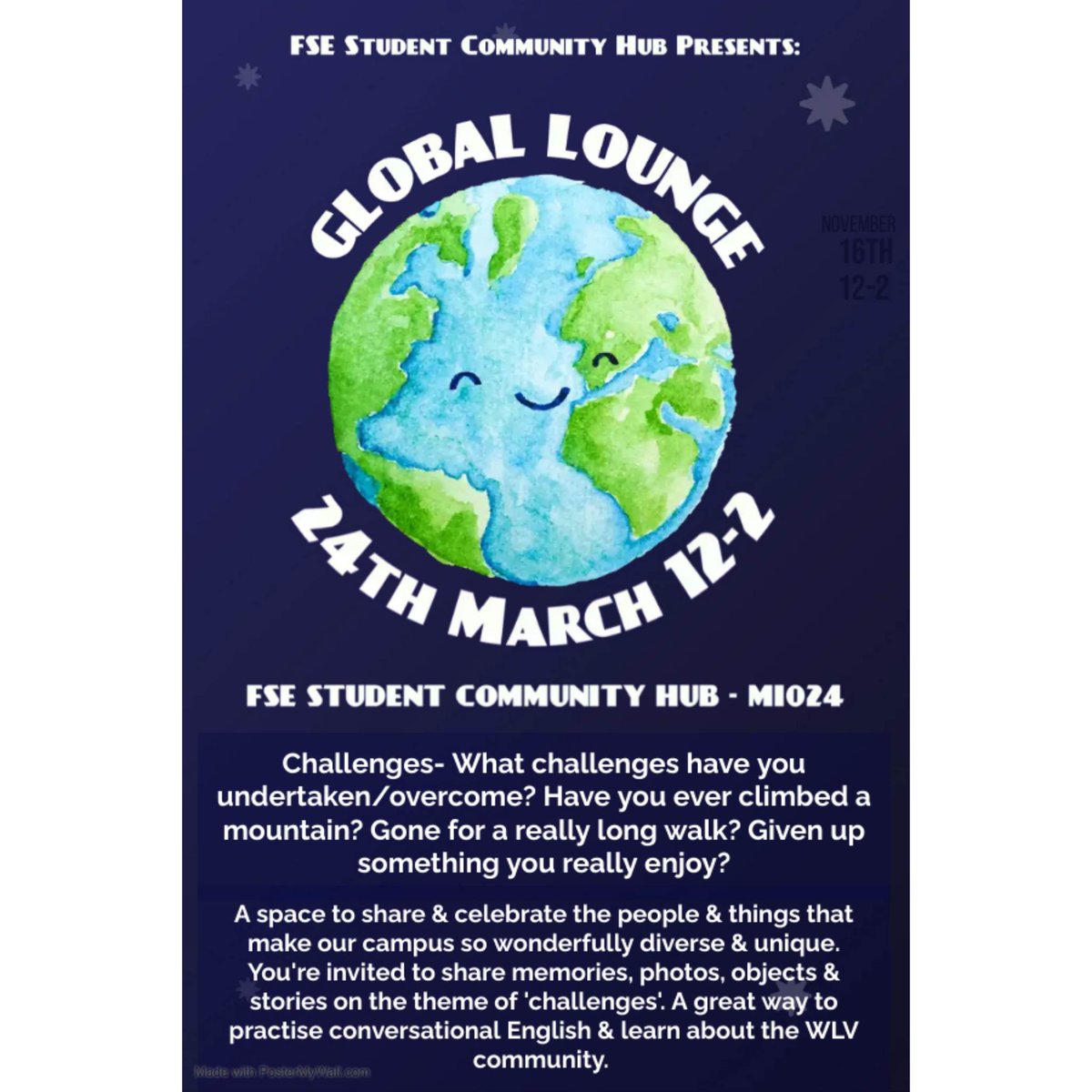 wlv_fseac's tweet photo. Global Lounge returns to the Hub this Friday 12-2. If you're looking to make friends &amp; learn about different cultures in a friendly/informal setting, this is the perfect opportunity. This month's theme is CHALLENGES. Bring stories, photos &amp; an open mind, we'll bring the biscuits! https://t.co/guehzCBDEL