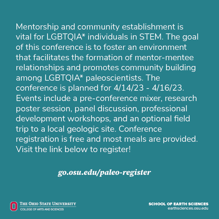osuearthscience's tweet photo. REMINDER!!! One month until our graduate student-led conference, "Creating LGBTQ-mmunities in Paleoscience." The conference will be held on OSU's campus April 14-16, 2023.  

Registration is free, and most meals are provided. Visit our link, https://t.co/Z7CzKmtaSS, to register! https://t.co/1jlTLYY5iu