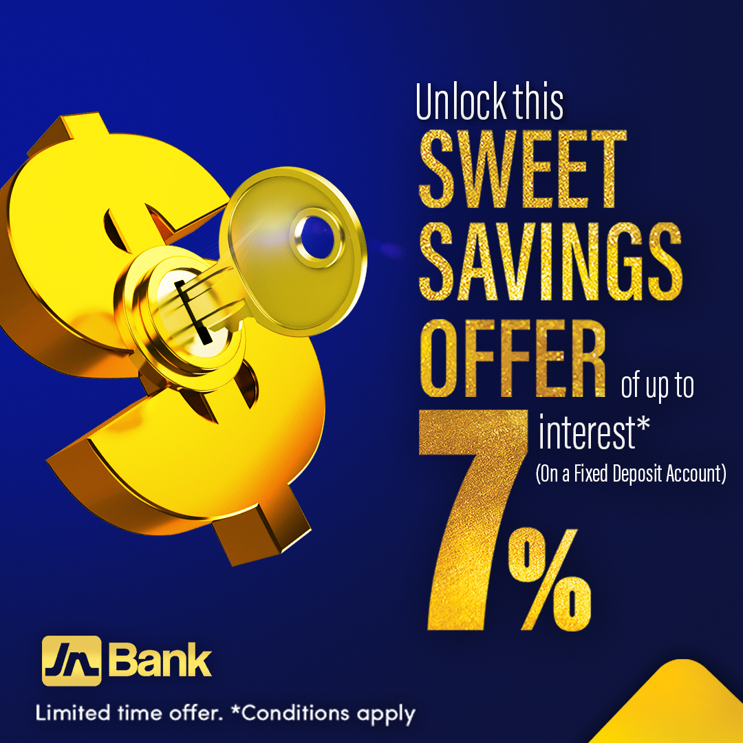 jnbanklimited's tweet image. This sweet offer is still on the table! Unlock up to 7% interest on a new fixed deposit account today! Start with a minimum deposit of J$500,000 and have funds fixed for one year. For more details, visit jnbank.com! #JNBank #FixedDeposit #TheSweetOffer