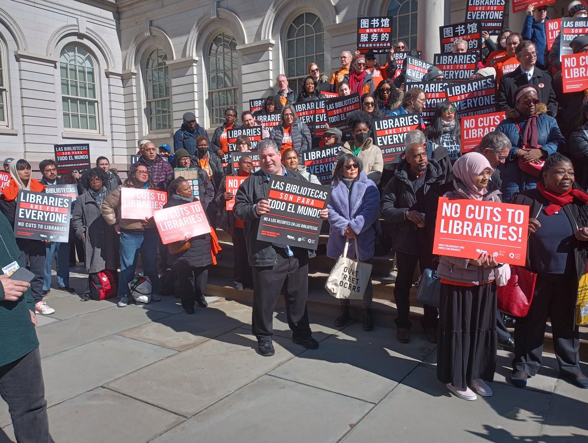 Chrislejohnyc's tweet image. Rally for Libraries @LincolnRestler @OsseChi @NYCCouncil38 @DC37nyc @ChrisMarteNYC @CMChiOsse @QPLNYC @tiffany_caban @SandraForNY1 @BKLYNlibrary @nypl @KevinCRiley @alexaforcouncil @KathyParkPrice #NoCutsToLibraries @NYCLibraries #InvestInLibraries @FarahNLouis @CMFarahLouis