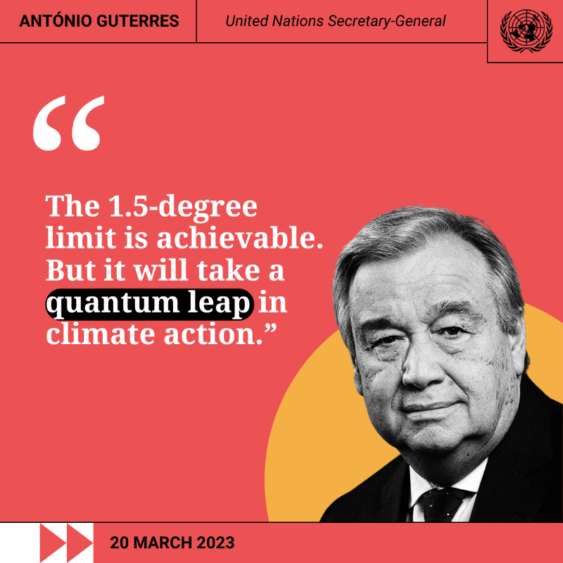 UNFCCC's tweet photo. 🌎 “We can still secure a liveable sustainable future for all.” 

After years of work, the #IPCC has published a synthesis report on the latest #ClimateChange science. 

Read the report via the link below 👇