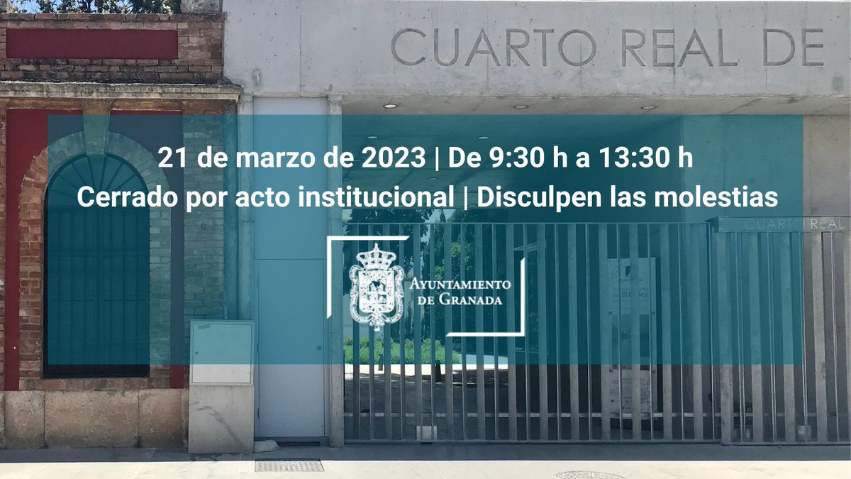 AgenciaAlbaicin's tweet image. INFORMACIÓN DE INTERÉS: El @CuartoReal permanecerá cerrado a la visita pública el 21 de marzo de 2023, de 9,30 h a 13,30 h por celebración de acto institucional del @aytogr. Por la tarde volverá a estar abierto en su horario habitual de 17,30 h a 21,00 h. Disculpen las molestias