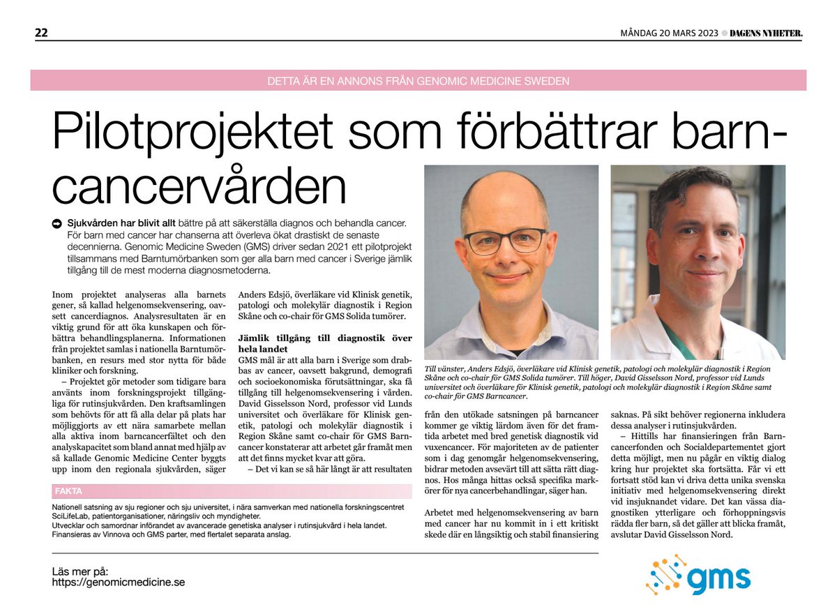 genomicmedswe's tweet photo. GMS #barncancer i dagens DN tema - Svenska välfärden.
"Det vi kan se så här långt är att resultaten från den utökade satsningen på barncancer kommer ge viktig lärdom även för det framtida arbetet med bred genetisk diagnostik vid vuxencancer."
Stöd av @barncancerfond &amp; @socialdep https://t.co/DB9fHUClJJ