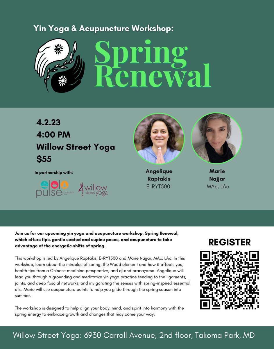 DiscoverPulse's tweet image. Seasonal Yoga + Acu Workshop w/ @willowstyoga, in Takoma Park! Our very own Marie Najjar will be giving TCM tips for springtime health and a realigning acu treatment. 👏 👏 #holisticwellness #willowstreetyoga #acupuncture #yinyoga #traditionalchinesemedicine