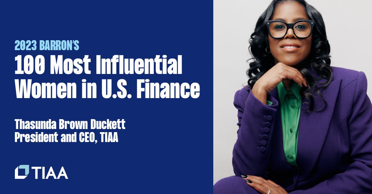 B_Weis's tweet photo. Congratulations to TIAA CEO Thasunda Brown Duckett, one of Barron's 100 Most Influential Women in U.S. Finance, for breaking barriers and paving the way for the next generation of female leaders. #BarronsInfluentialWomen #TIAAProud https://t.co/z8SKAANVL9 https://t.co/vJiVtpqMAY