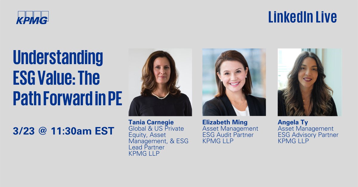 Join me at 11:30am ET for a LinkedIn Live conversation with <a href="/KPMG_US/">KPMG US</a>’ Elizabeth Ming and Angela Ty all about the ways #privateequity investors can leverage #ESG data: linkedin.com/events/7042166…