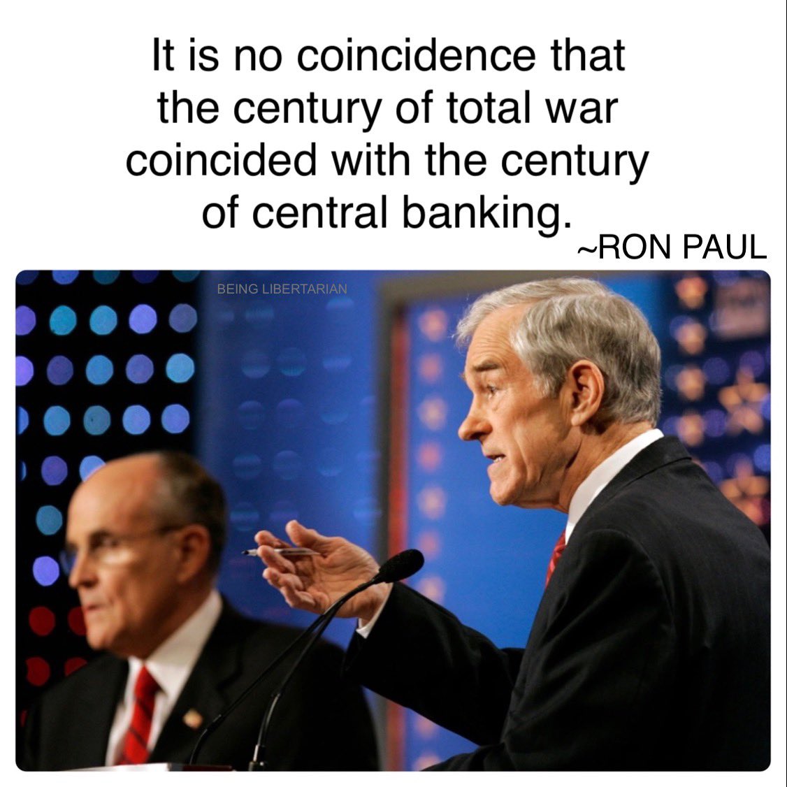 beinlibertarian's tweet photo. It is no coincidence that the century of total war coincided with the century of central banking. 

~Ron Paul https://t.co/kqNCfSQjir