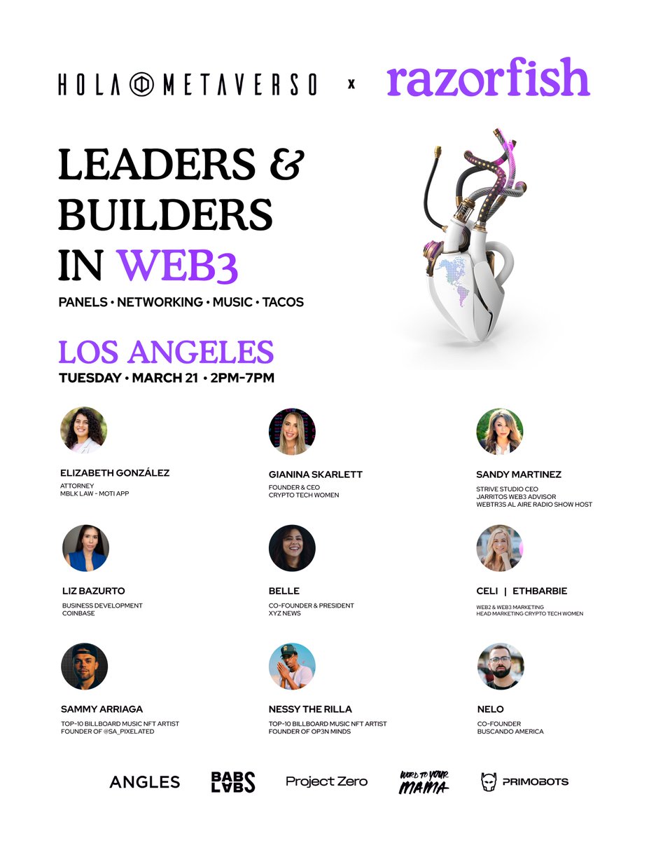 GM!

Tomorrow, Tuesday (3/21) we're hosting:

Leaders &amp; Builders in Web3 <a href="/WeAreRazorfish/">Razorfish</a> 
Please DM for invite!

Guest Speakers
<a href="/theweb3attorney/">Elizabeth, esq.</a> 
<a href="/gianinaskarlett/">gianinaskarlett</a> 
<a href="/lizabazurto/">Liz Bazurto🛡|| lalatina.eth</a> 
<a href="/Belle_nfts/">Belle</a> 
<a href="/EthBarbie/">Celi | EthBarbie.x</a> 
<a href="/SammyArriaga/">Sammy Arriaga</a> 
<a href="/NessyTheRilla/">NE$Y 🦍</a> 
<a href="/Neloggn/">NELO 🇻🇪</a> 

Panels, Networking, Music, &amp; Tacos!