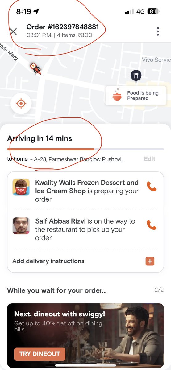 RaviBokade's tweet photo. Please let me know how @Swiggy is calculating arrival time

Order Number : #162397848881 https://t.co/0Mggl0aOIz