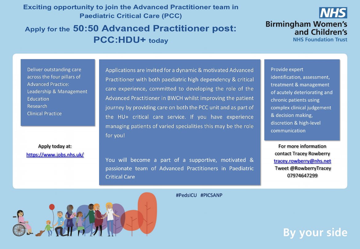 Exciting opportunity for an Advanced practitioner #ACP to join our Peadiatric Critical Care #PCC team You will work to manage patients between the critical care unit and our HDU+ service supporting our HDU patients managed around our @Bham_Childrens site #picsAP #PedsICU