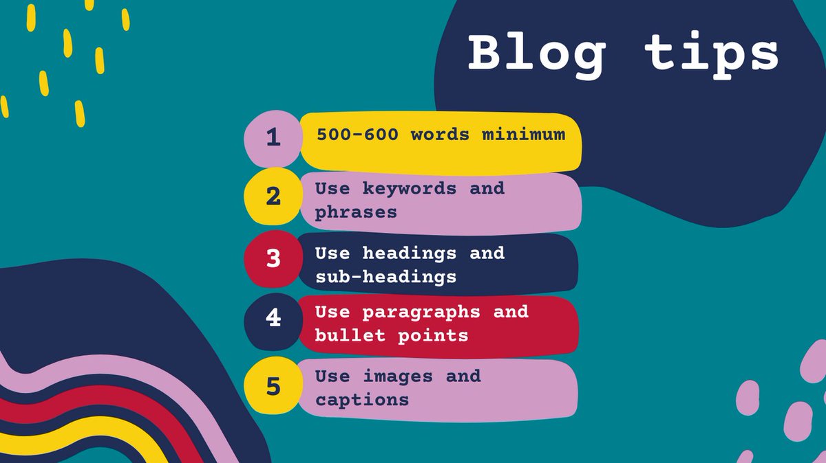 cherryaidmktg's tweet photo. If you're writing to improve your SEO, provide guidance to your audience, or to show your expertise, use these blog formatting tips:
- Use 500-600 words 
- Use keywords &amp; phrases throughout 
- Use headings &amp; subheadings
- Use paragraphs &amp; bullet points 
- Use images &amp; captions. https://t.co/95lGZwcukf