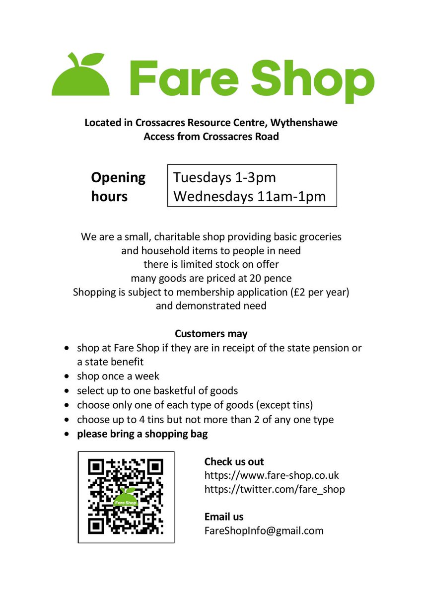Please see details of a Fare Shop that operates from Crossacres Resource Centre on Tuesday 1-3pm and Wednesdays 11am - 1pm. The shop is open to residents in receipt of a state pension or a state benefit.