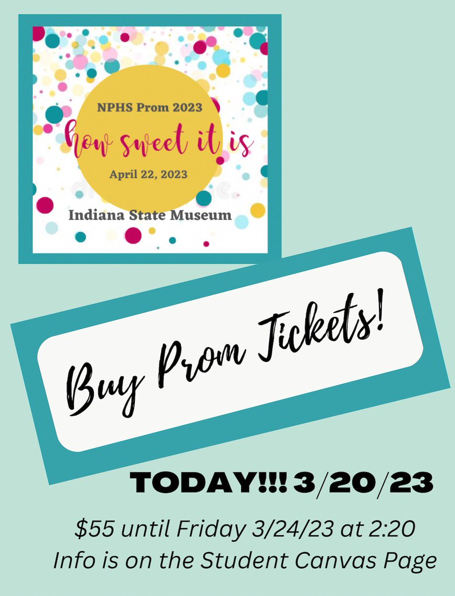 Prom tickets are on sale—$5 off for a limited time! The ticket link is on the Student Canvas Page. <a href="/LaraCzap/">Lara Czap</a> <a href="/VoelzJames/">New Palestine High School</a> <a href="/MooreNPJH/">NPHS Asst. Principal & Girls Varsity 🏀 Coach</a> @MitchanerNPHS