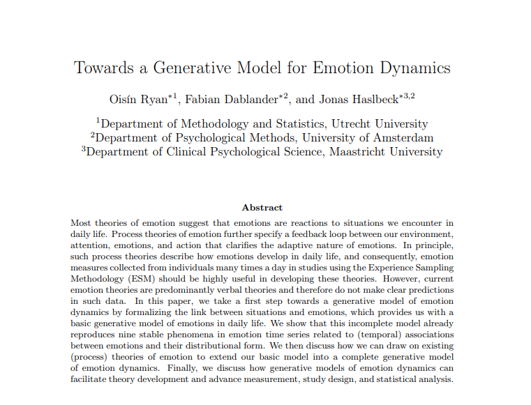 Emotions are reactions to situations we encounter in daily life. In our (@fdabl @jonashaslbeck ) new preprint psyarxiv.com/x52ns, we take a first step towards building a generative model for emotion dynamics based on this simple principle 1/4