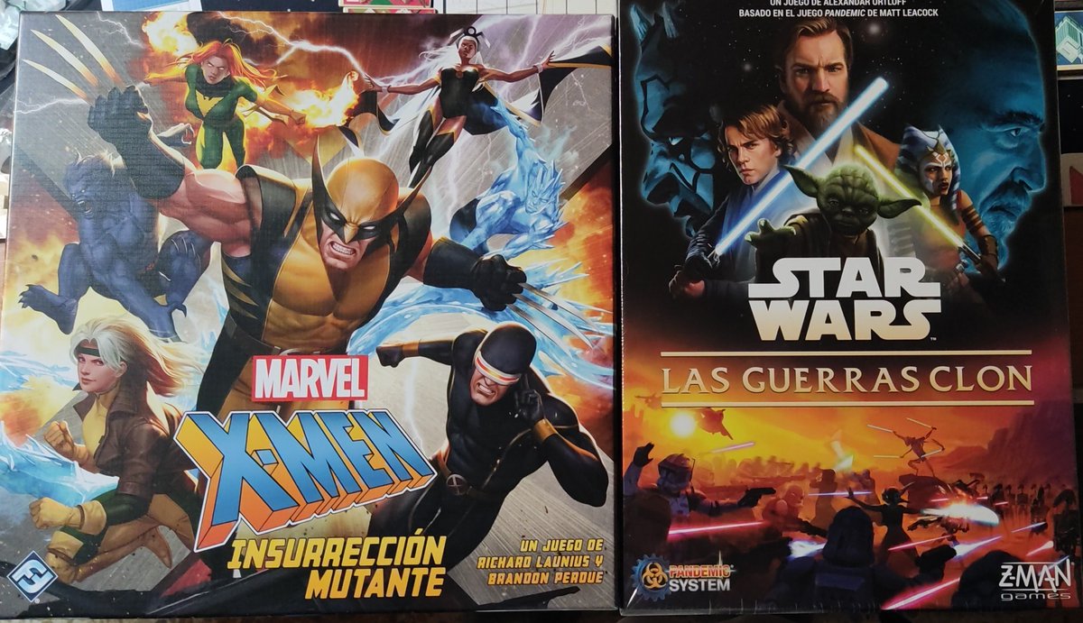 Ayer tocó partidas a 2 jugadores.  A Xmen insurrección mutante, de <a href="/FFGames_ES/">FFGames en español</a> ( una pena que no se hable de él, el precio le lastro) y  a las guerra clon de <a href="/ZManGames_ES/">Z-Man Games en español</a> ( cada vez me gusta más).
 Partidas amenas , ligeras y divertidas
