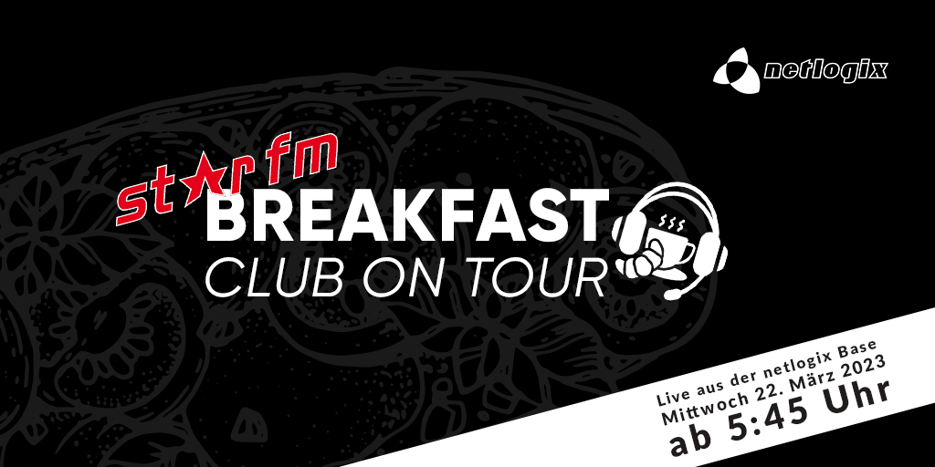 netlogix_de's tweet image. Schon vom &quot;StarFM Breakfast Club on Tour&quot; gehört? 🥐☕🎧 Am 22. März kommt #StarFM zu uns in die #netlogix Base und sendet live ab 5:45 Uhr! 🎙️ Schaltet unbedingt ein! Wer braucht schon Kaffee zum Wachwerden, wenn man mit der richtigen Dosis #MaximumRock den Tag beginnen kann? 🎸
