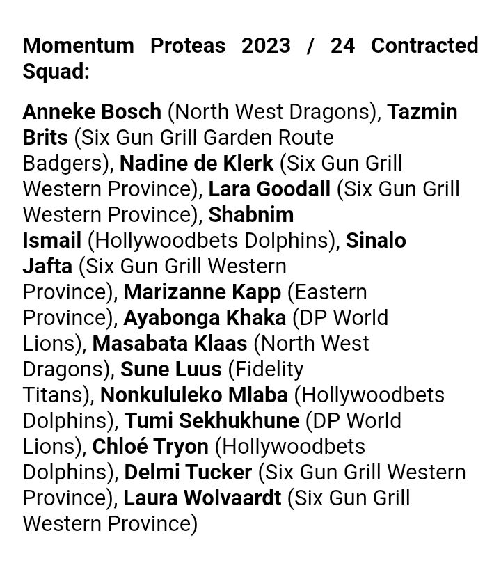 #MomentumProteas Cricket South Africa has announced the latest 15-player contracted squad, in effect as of 1 May 2023. 

There are two new national contracts for Anneke Bosch and Delmi Tucker, with Nadine de Klerk also receiving her first contract since 2021/22.