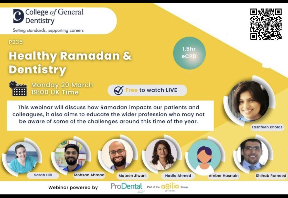 Look forward to joining the panel tonight for an insightful webinar to increase awareness about Ramadan for both colleagues and patients @BritishIMA @ProDentalCPD