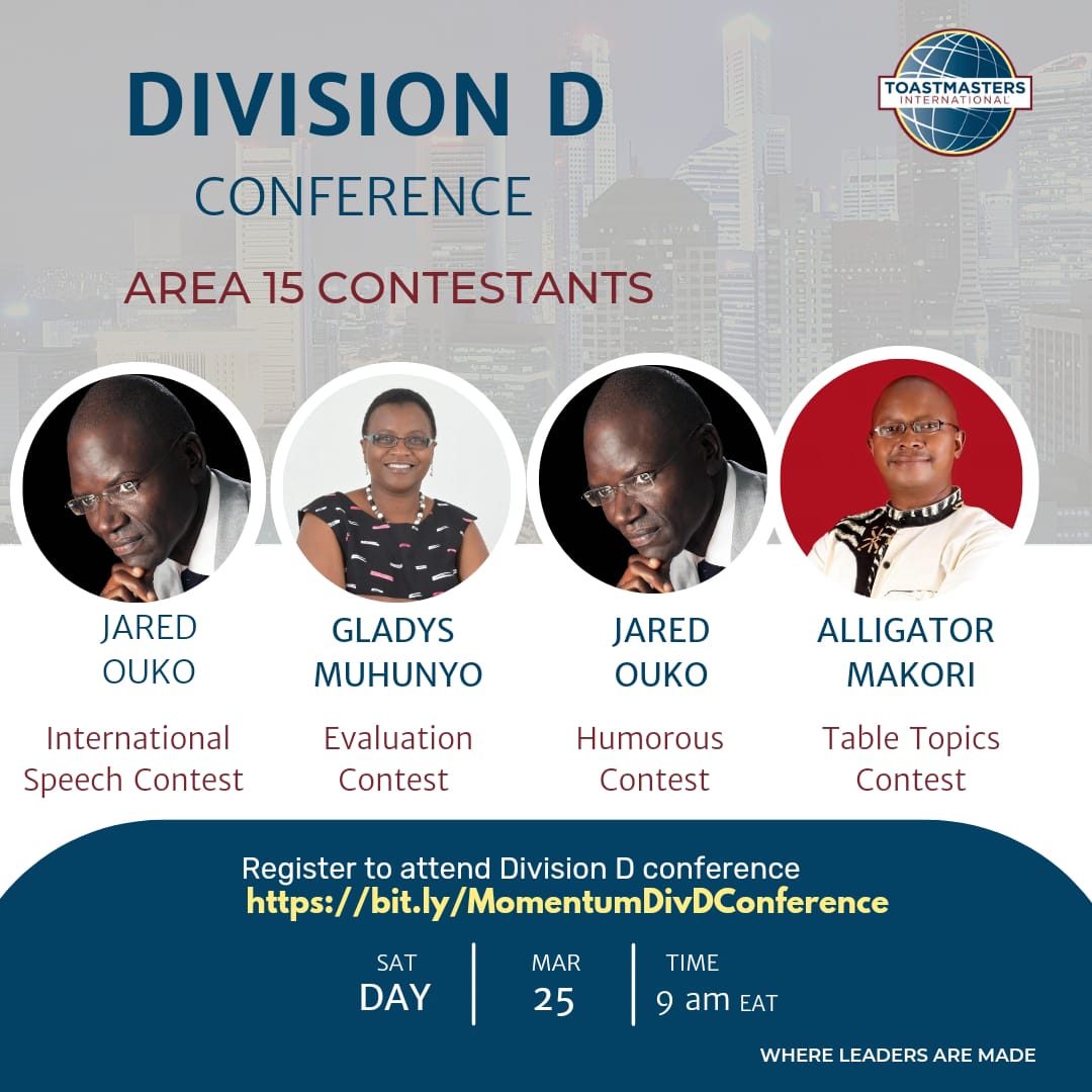 You supported them before as they leapt from good to ✨_great_✨! Now come get dazzled by our contestants, as they up the ante and increase the ⚡️ Momentum⚡️! Register to attend bit.ly/MomentumDivDCo…
<a href="/thethikatm/">TheThikaToastmasters</a> <a href="/ToastmastersEA/">Toastmasters East Africa (District 114)</a>