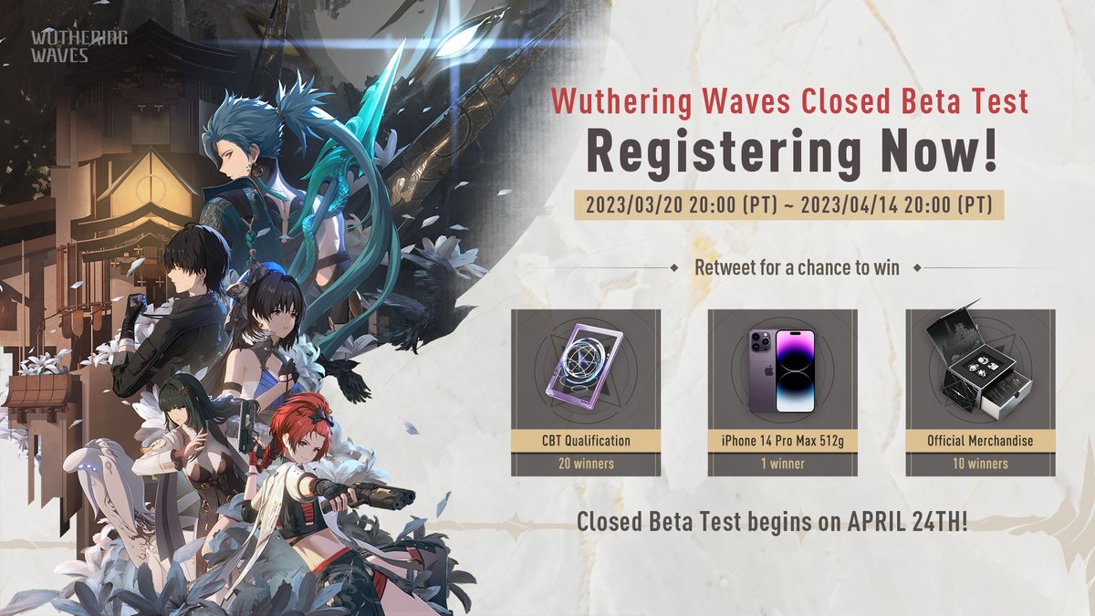 Wuthering Waves Closed Beta Test Registration In Progress! Registration link: wutheringwaves.kurogame.com/en Wuthering Waves is an open-world action RPG set in a post-apocalyptic world. Follow us, share this event post for a chance to win prizes! Event End Date：04/24 23:59 (PT)