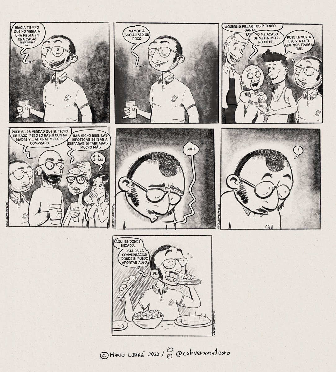 Comparte y da like a esta tira si también eres el alma de las fiestas 
--
Las aventuras de Calavera Meteoro, una tira nueva cada lunes 
--
#comic  #tiracomica #manerobrushes #comicespañol #humorgráfico #ilustracion #fiesta #comida #introvert #dibujo #comedia #risas #merendola