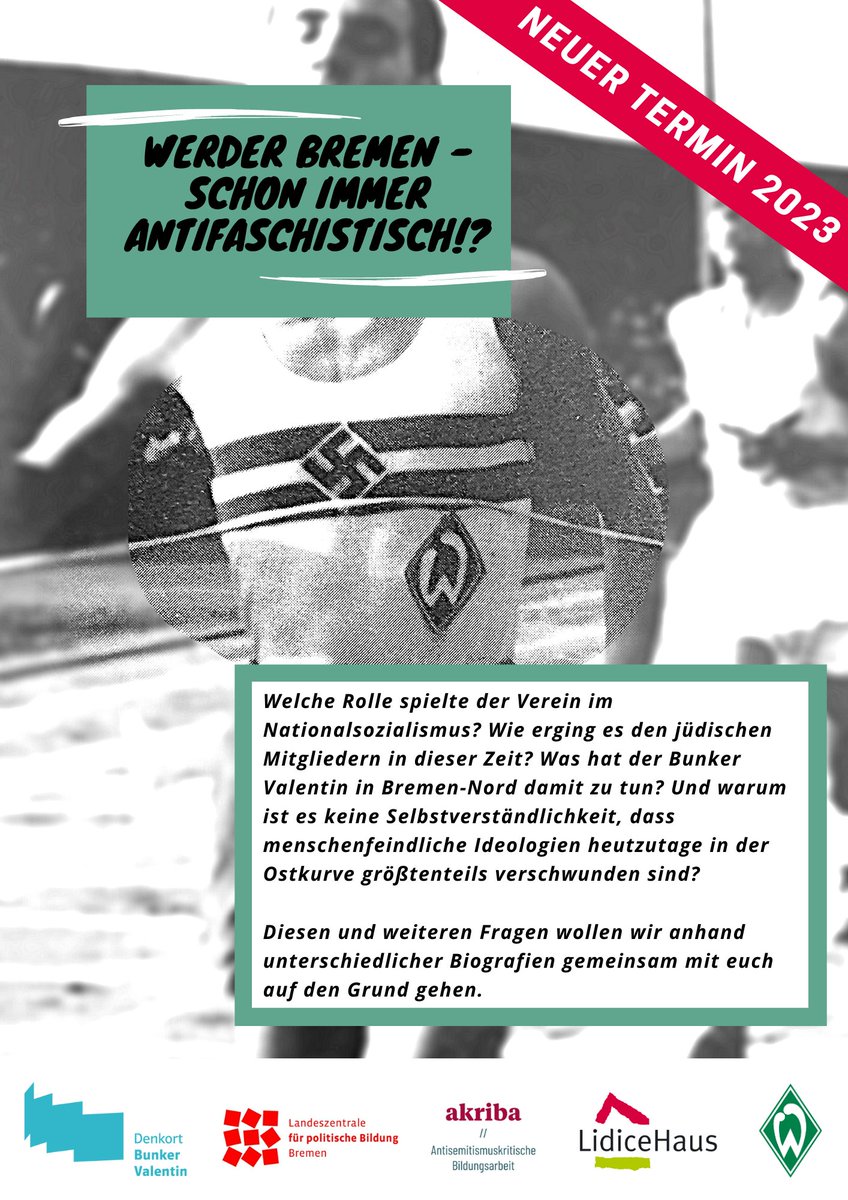 AkribaBremen's tweet photo. Workshop-Angebot am kommenden Samstag: »#Werder Bremen – schon immer antifaschistisch!?«

Wir fahren gemeinsam zum Bunker Valentin und befassen uns mit der Geschichte des Vereins anhand verschiedener Biografien. 

Alle Infos findet Ihr hier: https://t.co/edamcLyxSl

Gerne teilen! https://t.co/j1dubuETev