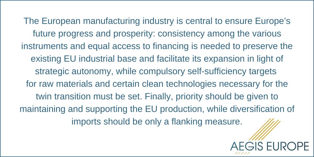 AEGIS Europe 👏 the publication of the Critical Raw Materials and Net-Zero Industry Acts, two crucial legislative proposals meant to reinforce the #industrial basis &amp; meet 🇪🇺 net-zero goals, although improvements are needed.

👉READ our press release here: tinyurl.com/yckvvwj8