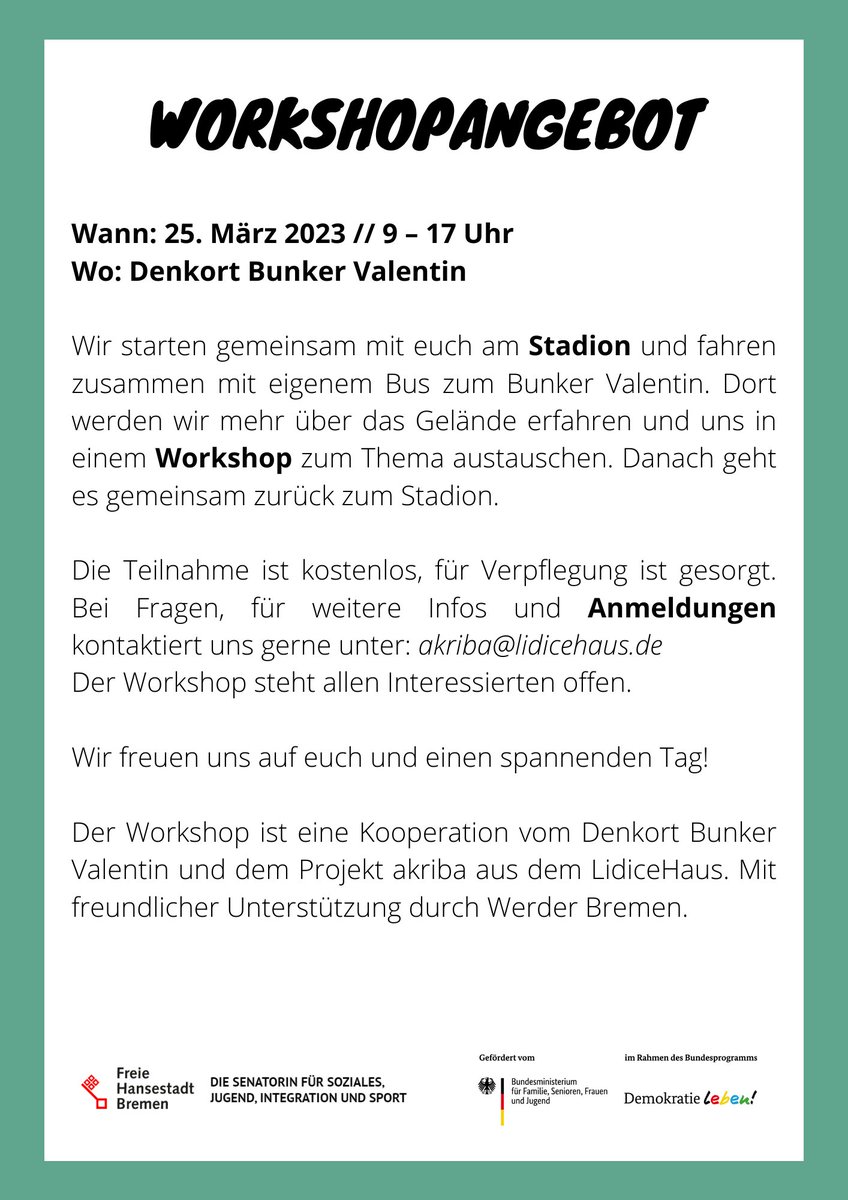 Workshop-Angebot am kommenden Samstag: »#Werder Bremen – schon immer antifaschistisch!?«

Wir fahren gemeinsam zum Bunker Valentin und befassen uns mit der Geschichte des Vereins anhand verschiedener Biografien. 

Alle Infos findet Ihr hier: akriba-hb.de/werder-bremen-…

Gerne teilen!