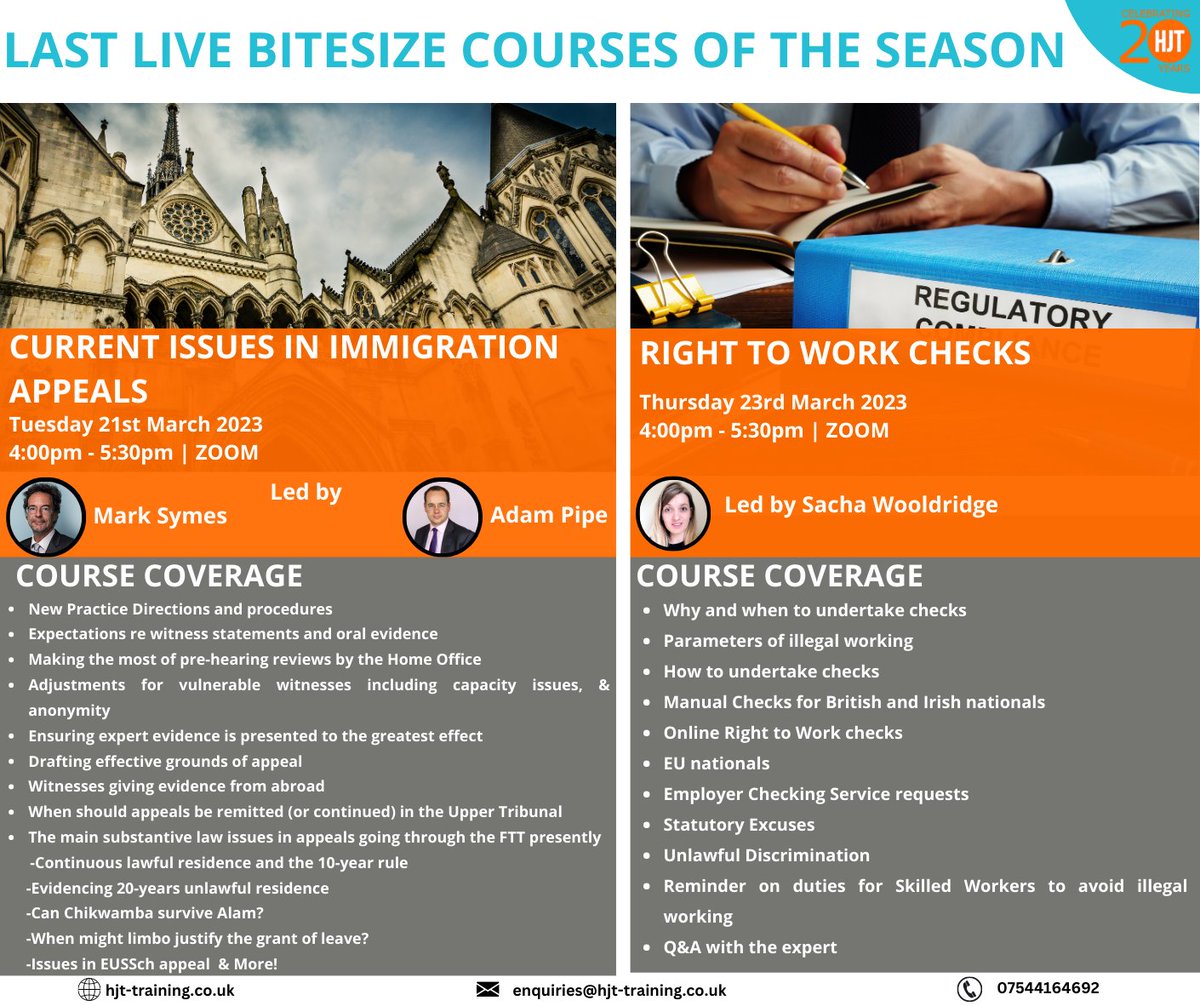 HJT_Training's tweet photo. Last 2 LIVE bitesize courses of the season! Do not forget to book Current issues in Immigration Appeals https://t.co/E3ujQUInHx and Right to Work Checks https://t.co/BwviCp9aX6 #ukvi #immigration #appeals #litigation #homeoffice #entryclearance #asylum #refugees #sponsorlicence https://t.co/oAdhUL0zeK