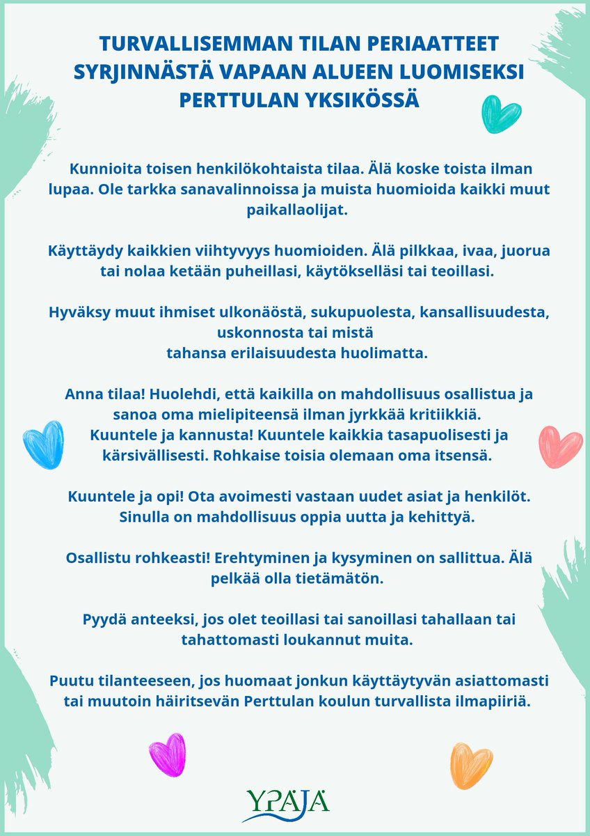 YpajanKunta's tweet photo. Ypäjän kunta julistautui viime vuonna syrjinnästä vapaaksi kunnaksi. Toiminta on saatu polkaistua käyntiin tämän vuoden puolella ja nyt rasisminvastaisen viikon kunniaksi julkaisemme ohessa sivistystoimen yksiköiden turvallisemman tilan periaatteet.
#Ypäjä #syrjinnästävapaa https://t.co/wFvVVxs3lh