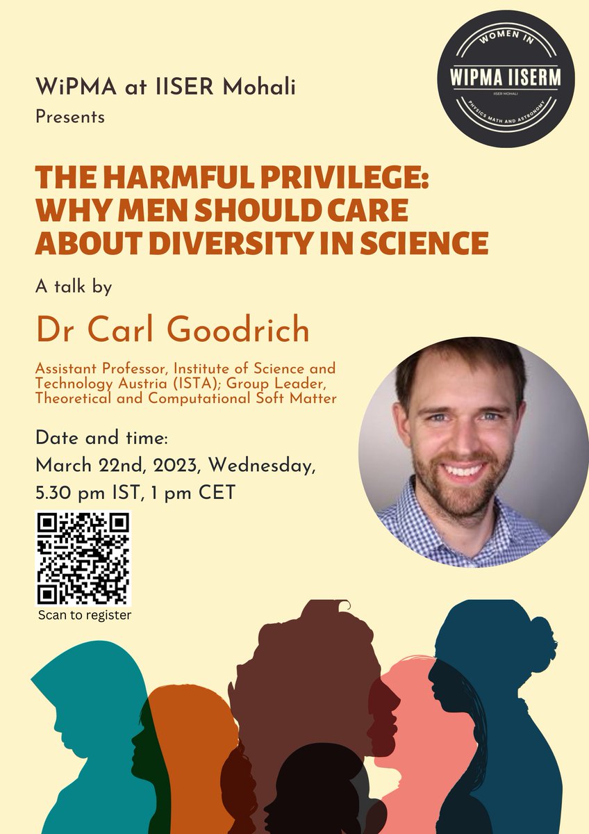 WiPMA_IISERM's tweet photo. The WiPMA group invites you to our first talk this year:

The Harmful Privilege: Why men should care about diversity in science, by Dr. Carl Goodrich, on March 22, 2023. The details of the talk are as follows:

Date and time: March 22, 2023, Wednesday, 5.30 pm IST (1 pm CET) https://t.co/w7WCsc8DMU