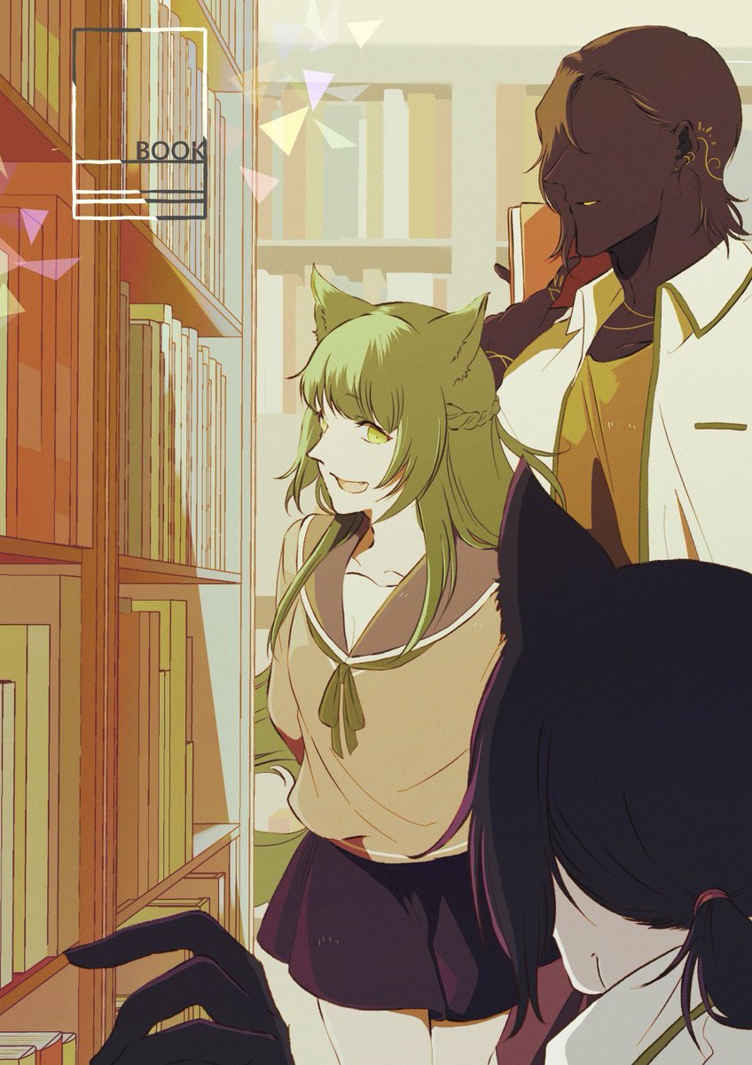 animal ears bookshelf cat ears green hair skirt dark skin book  illustration images