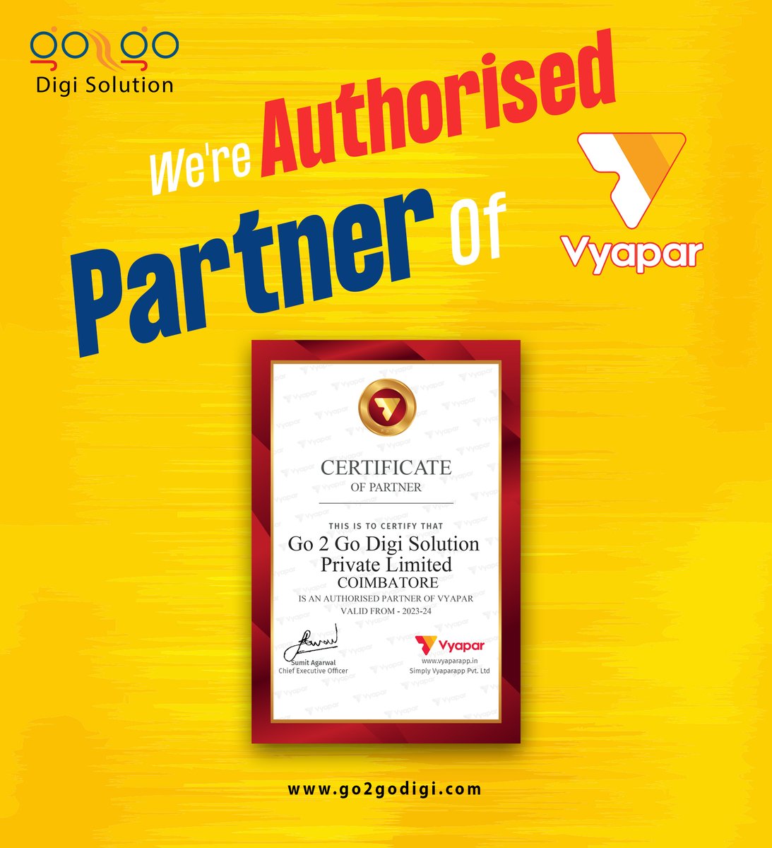 go2godigi's tweet photo. We're thrilled to announce that Go2Go Digi Solution Pvt Ltd is now an authorized partner of Vyapar App! 🎉

This partnership is a testament to our commitment to providing our customers with the best possible solutions for their business needs. https://t.co/o26dtwTXlW