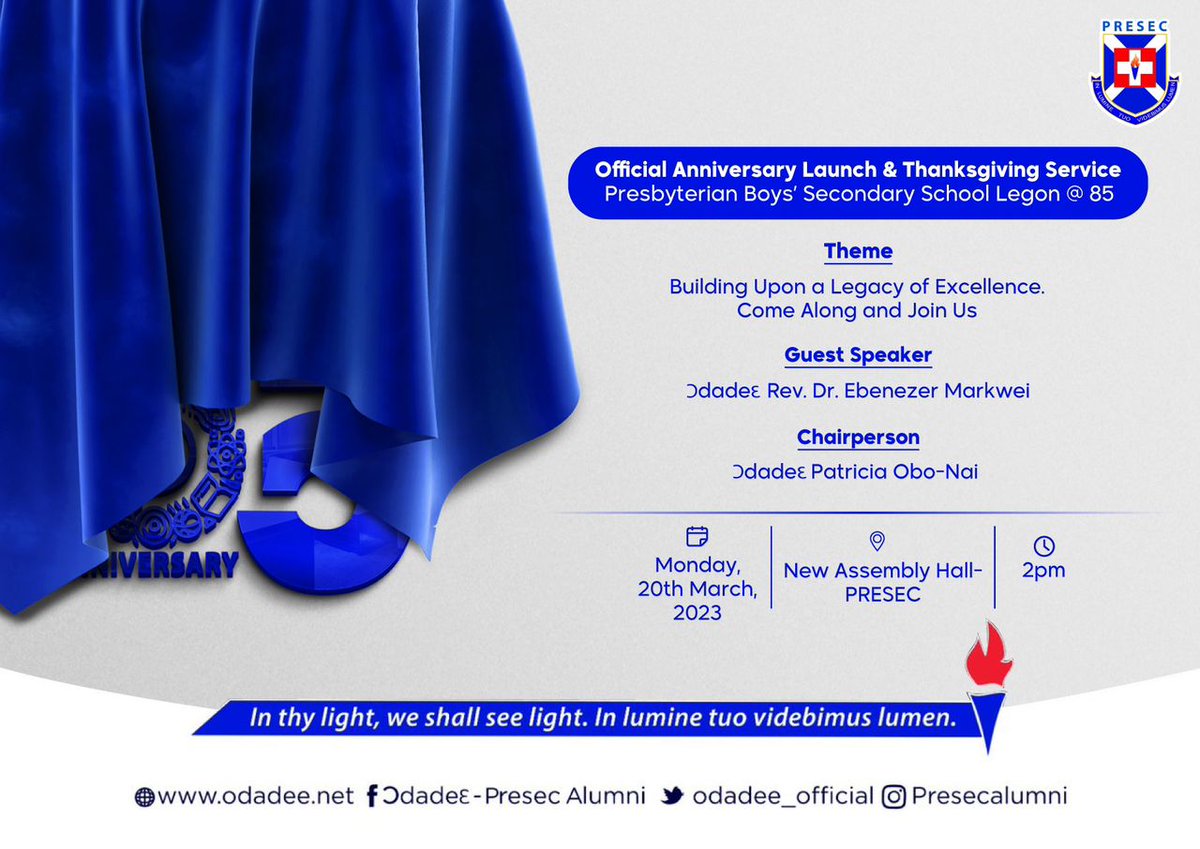 addojunr's tweet photo. PRESEC@85 launch is at 2pm. Will be live streamed.
Details of what is expected later this afternoon #Odadee 🖖 https://t.co/FL4kCCNHd7